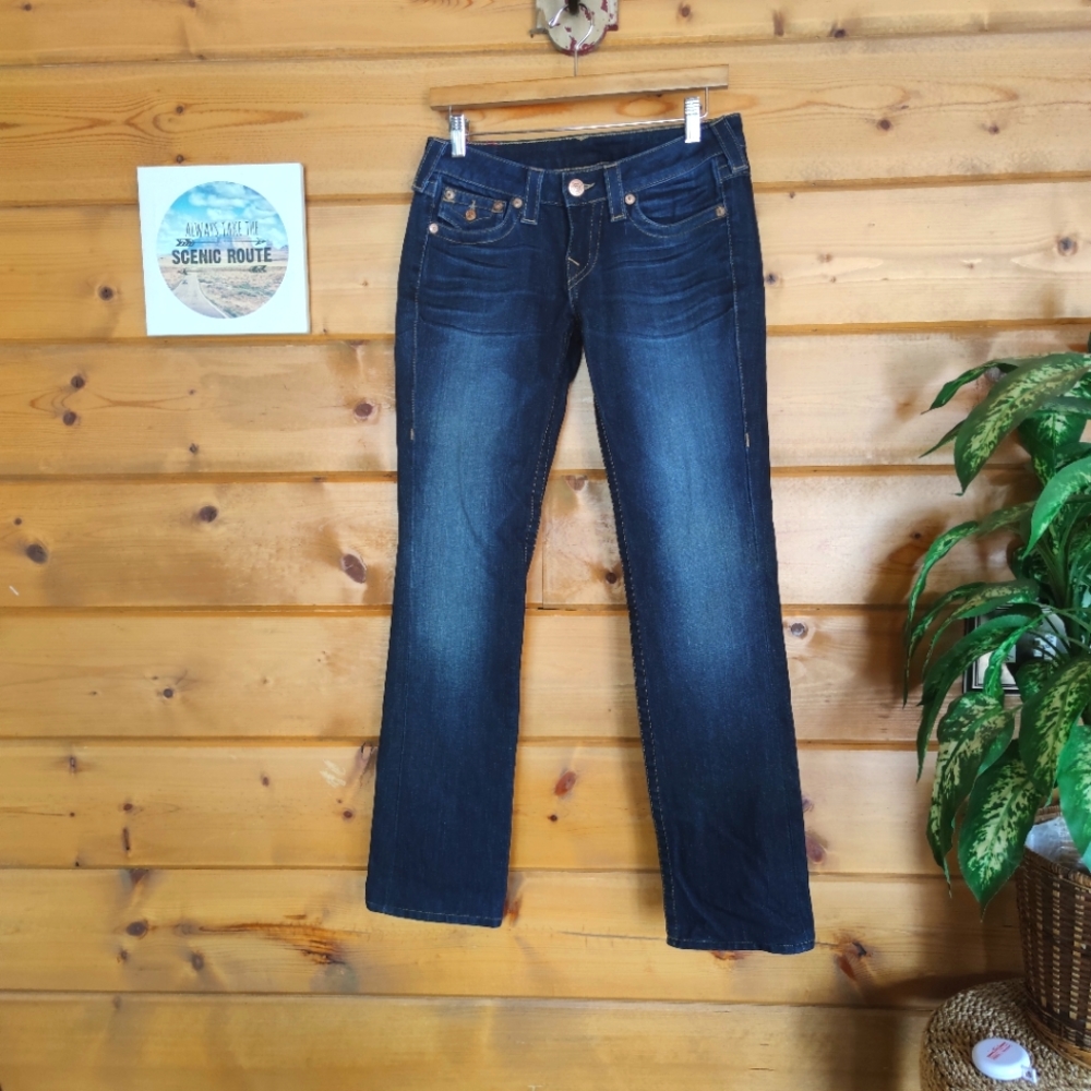 True Religion 💜 Billy Big T Straight Leg Dark Wash Denim Jeans Flap 27‎ X 30"